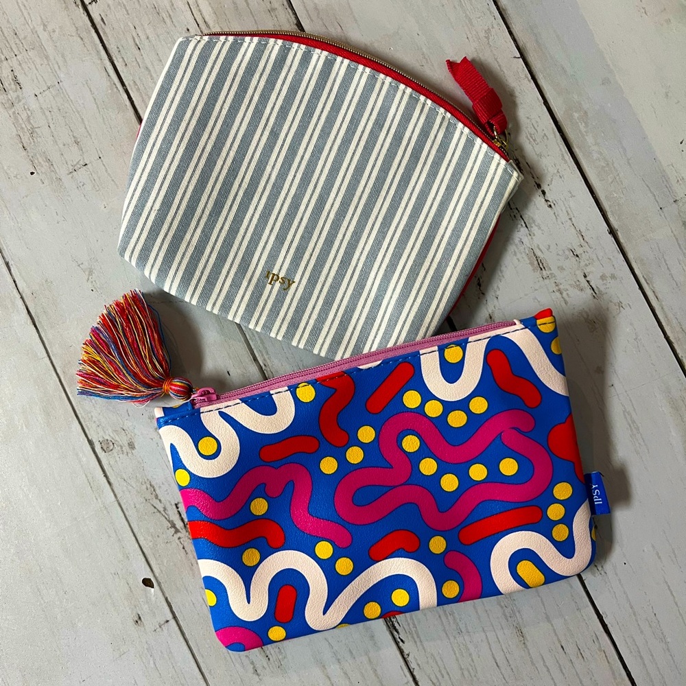 Ipsy Coordinating Cosmetic Bag Bundle, Set of 2, Blue & Pink Printed Design